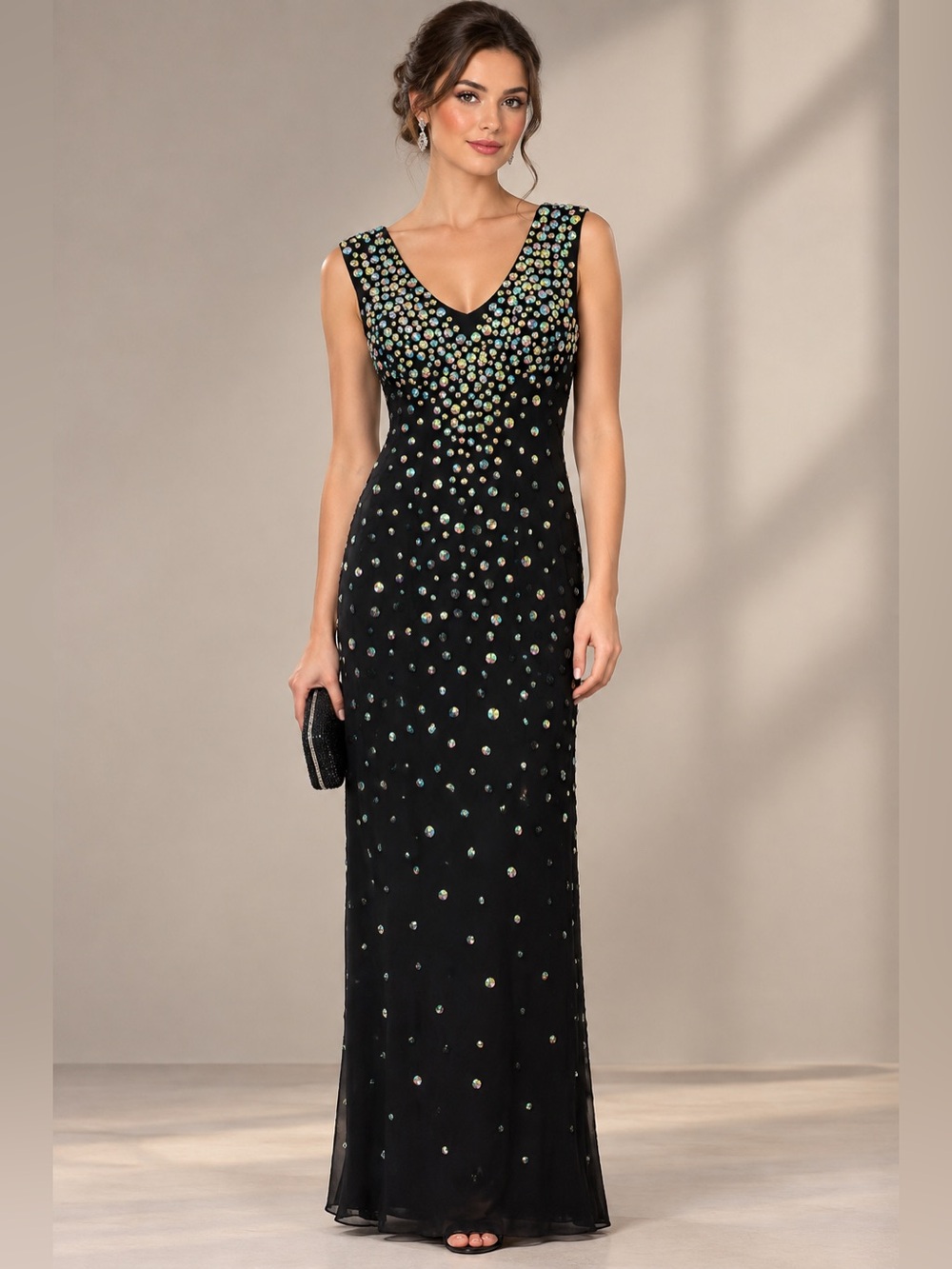 Elegant Black Embellished V-Neck Evening Dress